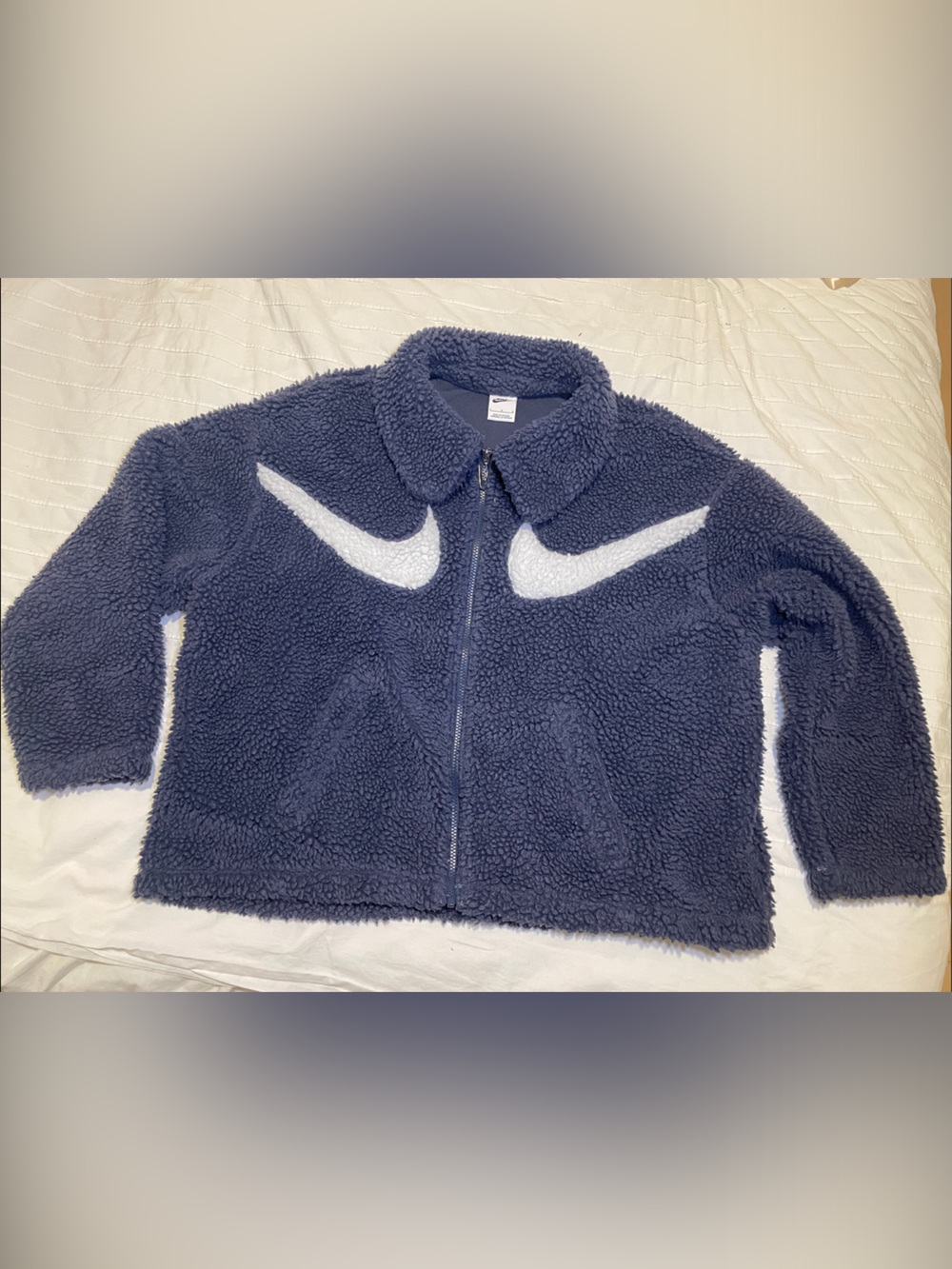 NIKE Sweater Sherpa Navy Faux Fur Swoosh Zip Jacket White Swoosh Vintage Retro - Picture 5 of 12